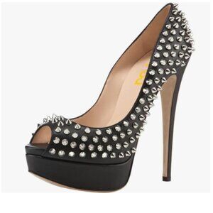 FSJ Black Rivets Platform Heel Peep Toe Pumps High Heel Slip On Studded Shoes